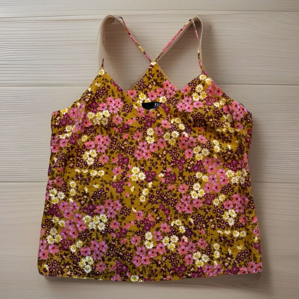 Kut from the Kloth Size Large Womens Teen Junior Floral Tank Top Yellow Brown